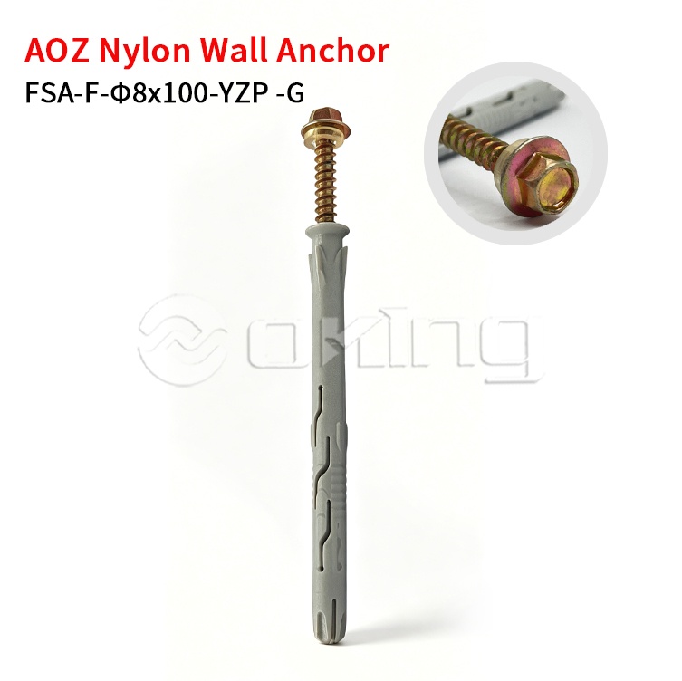 Sekrup Flange Hex Torx M8x100 Seng Kuning AOZ dengan Jangkar Dinding Nilon Abu-abu untuk Pemasangan Tirai di Dinding & Eksterior